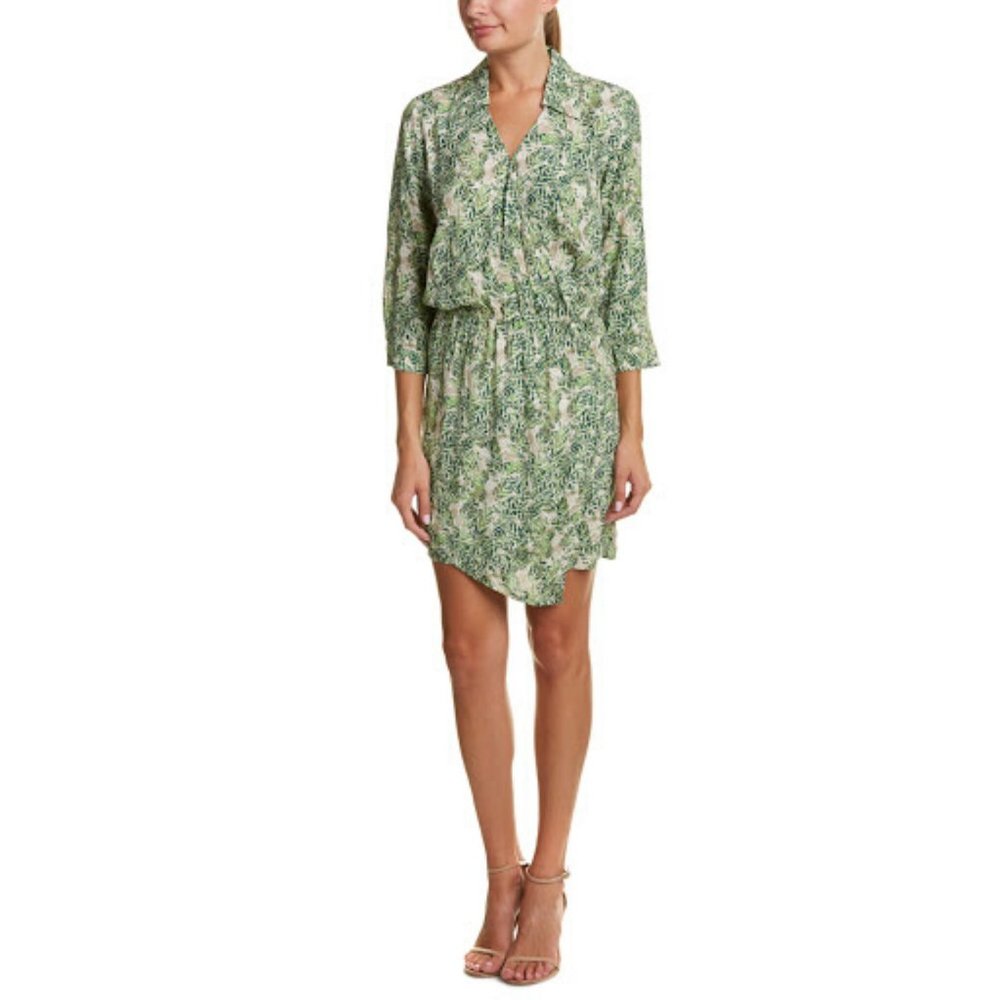 cAbi Green Palm Leaf Print Wrap Mini Rayon Dress